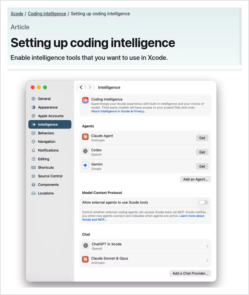 Xcode Intelligence settings from Apple's guide, with Agents, Model Context Protocol and Chat sections
