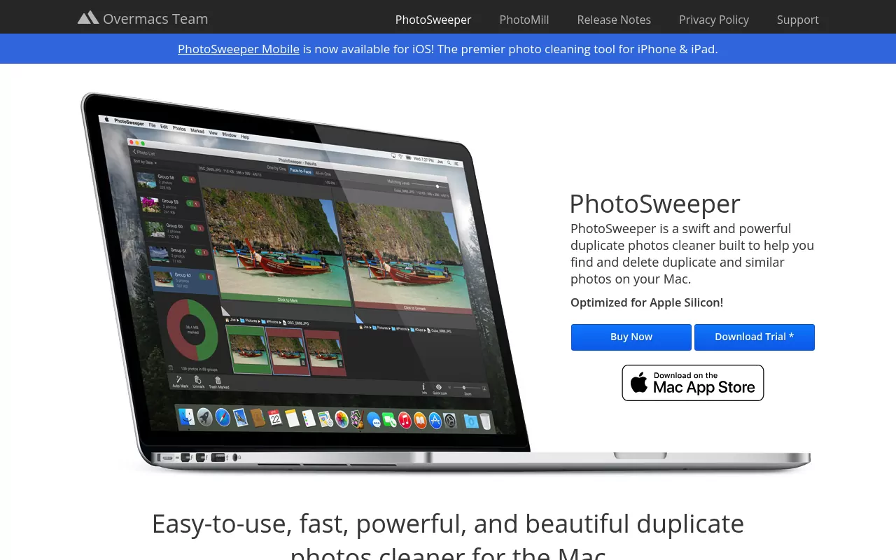 PhotoSweeper site on overmacs.com showing its Face-to-Face duplicate photo comparison running on a MacBook Pro