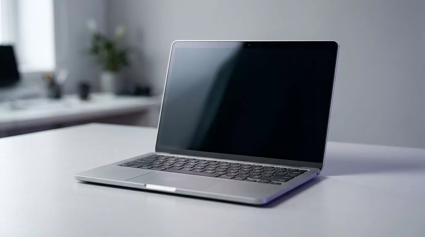 Open MacBook with a dark screen on a clean desk before a Trend Micro Mac uninstall
