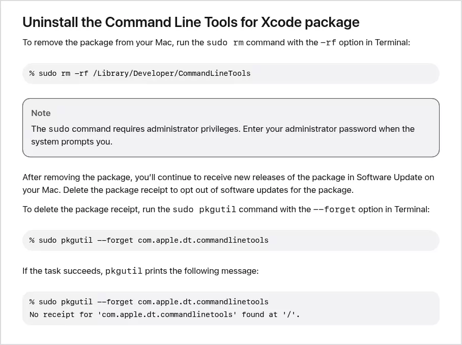 Apple's steps to uninstall Xcode command line tools with sudo rm and pkgutil forget