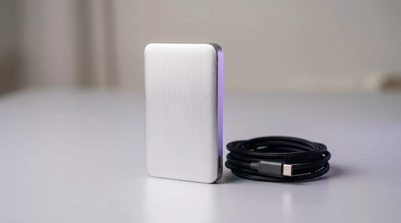 Portable drive and coiled cable on a pale desk, illustrating cache and preference cleanup on a Mac