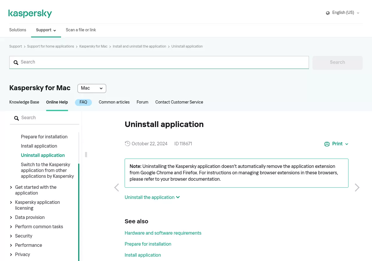 Kaspersky support page for Kaspersky for Mac 25 showing the Uninstall application article and browser note
