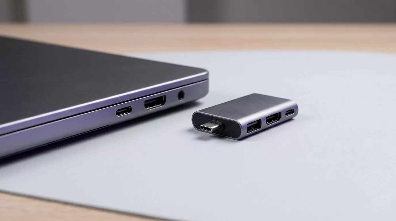 Small aluminium adapter module detached and lying beside a laptop port, standing in for removing Safari extensions on Mac