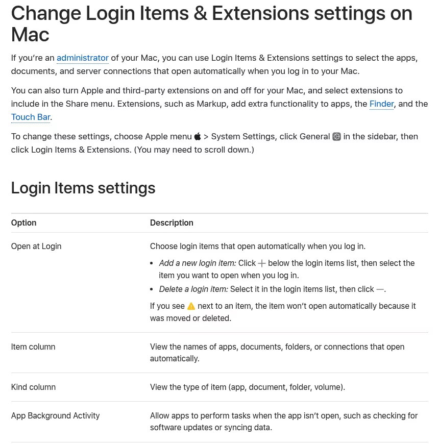 Apple Support page on Login Items and Extensions settings, with the App Background Activity option