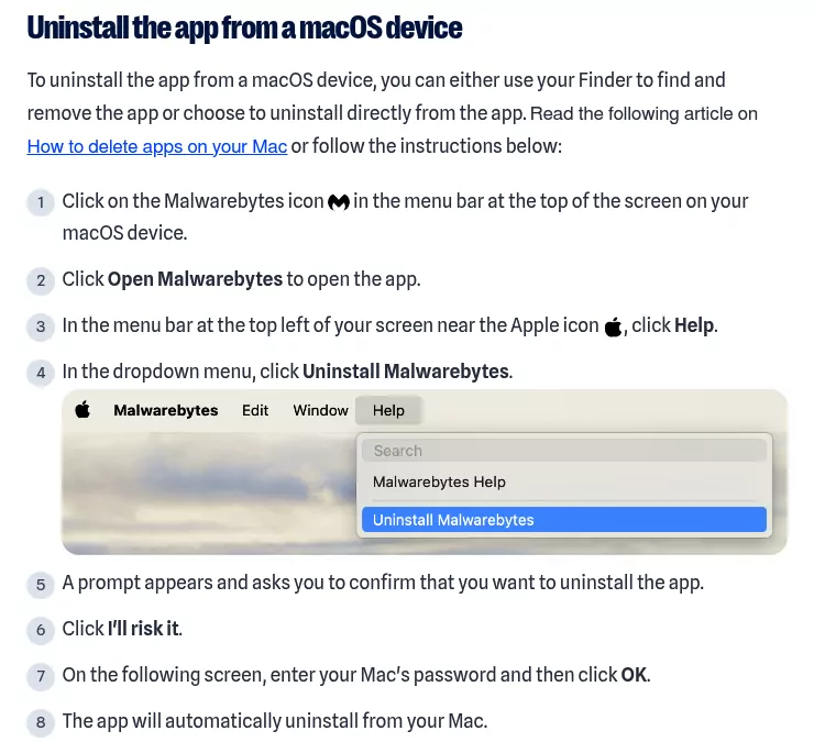 Malwarebytes help page listing how to uninstall Malwarebytes on Mac from the Help menu, ending with I'll risk it