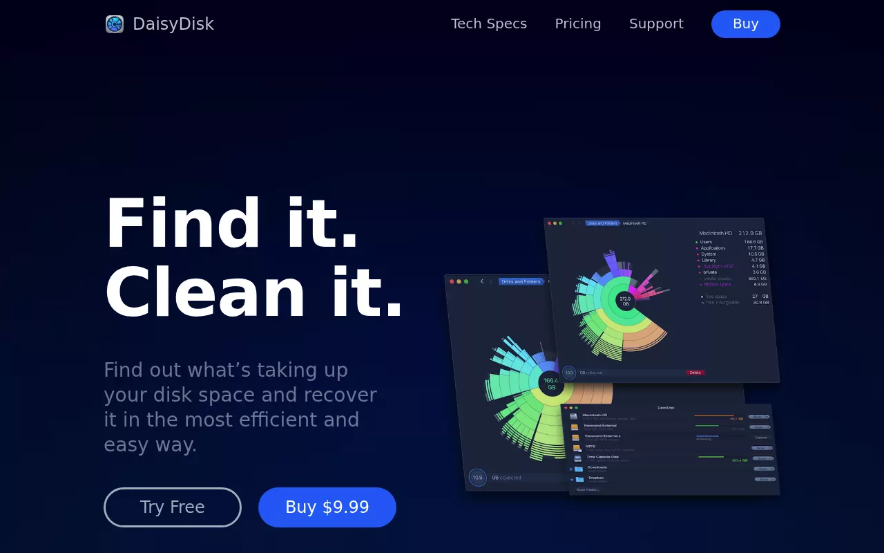 DaisyDisk site with the sunburst disk map, one of the OmniDiskSweeper alternatives for Mac