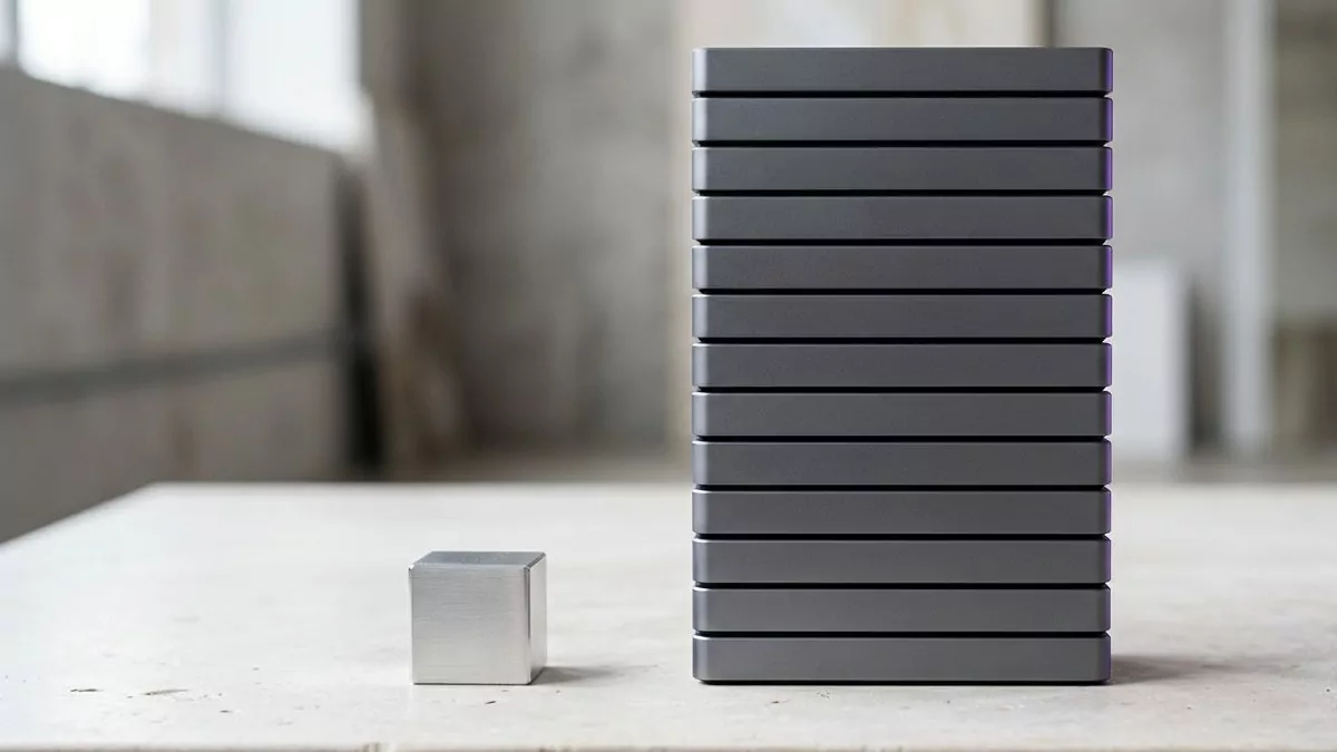 Metal cube beside a tall drive stack, showing how to uninstall Cursor on Mac means removing far more than the app