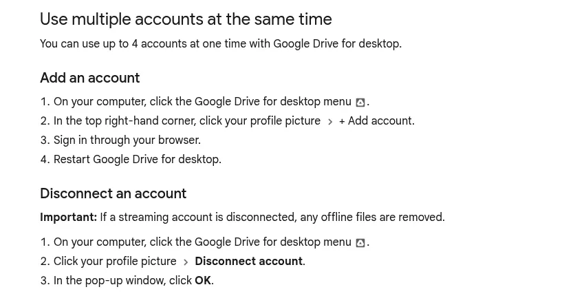 Google help page steps to disconnect an account in Google Drive for desktop on Mac