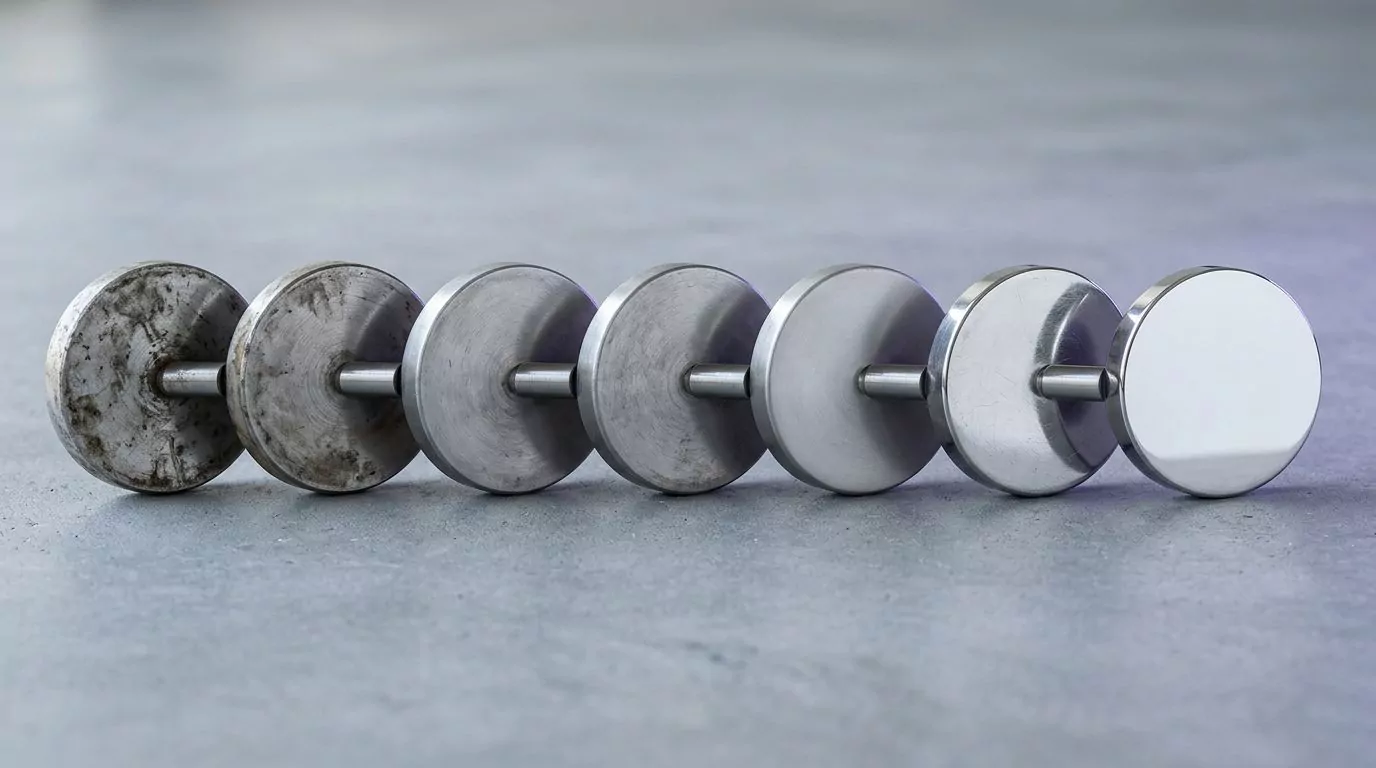 Row of metal discs getting cleaner left to right, showing manual Mac cleanup steps in order