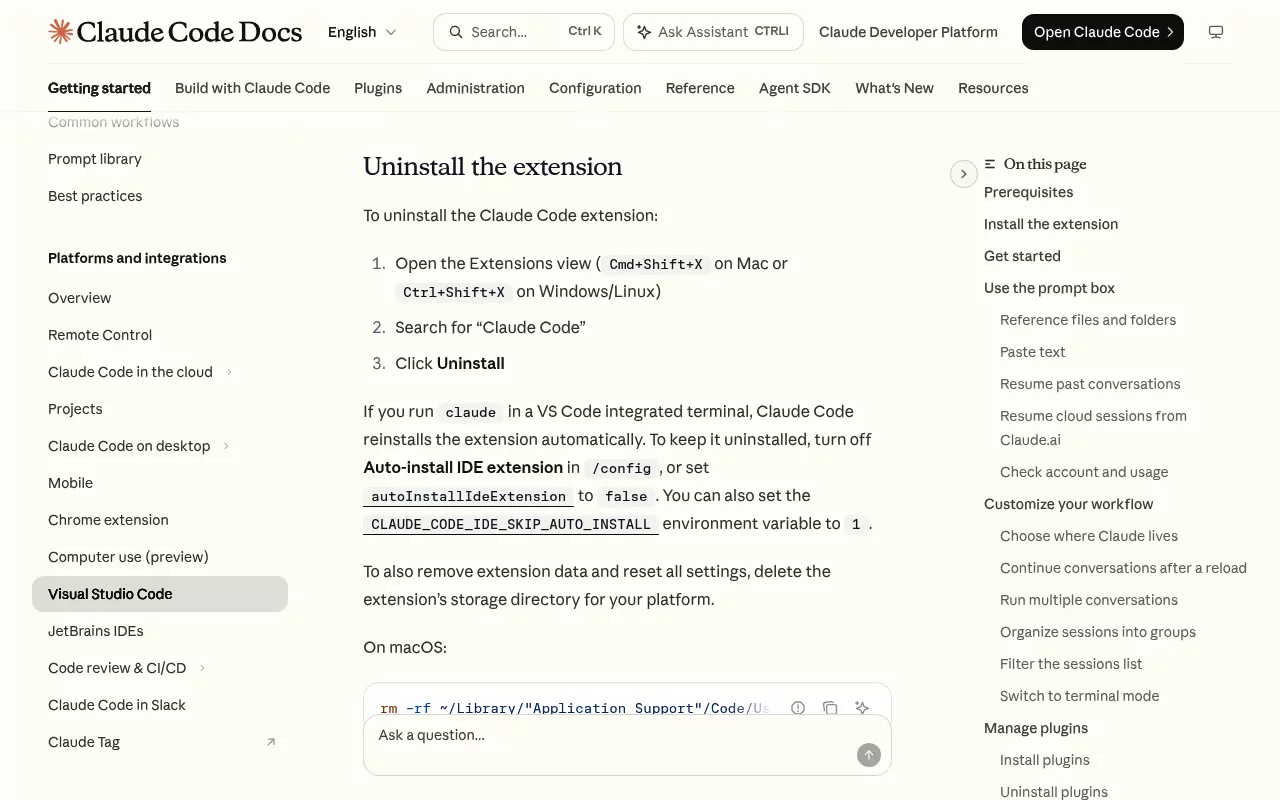 Anthropic's Uninstall the extension steps for Claude Code in VS Code, with the auto-install note