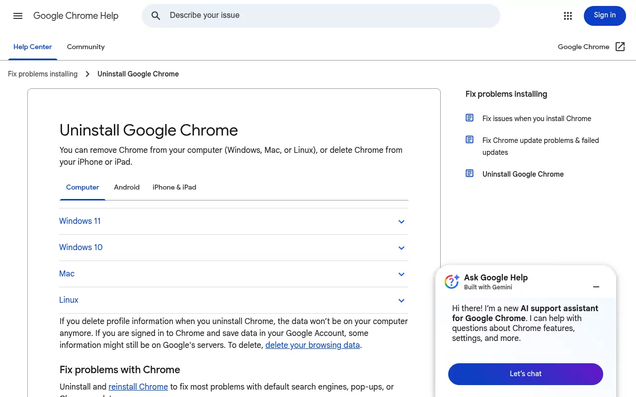 Google help page on how to uninstall Google Chrome on Mac, with a Mac section and a note on synced data