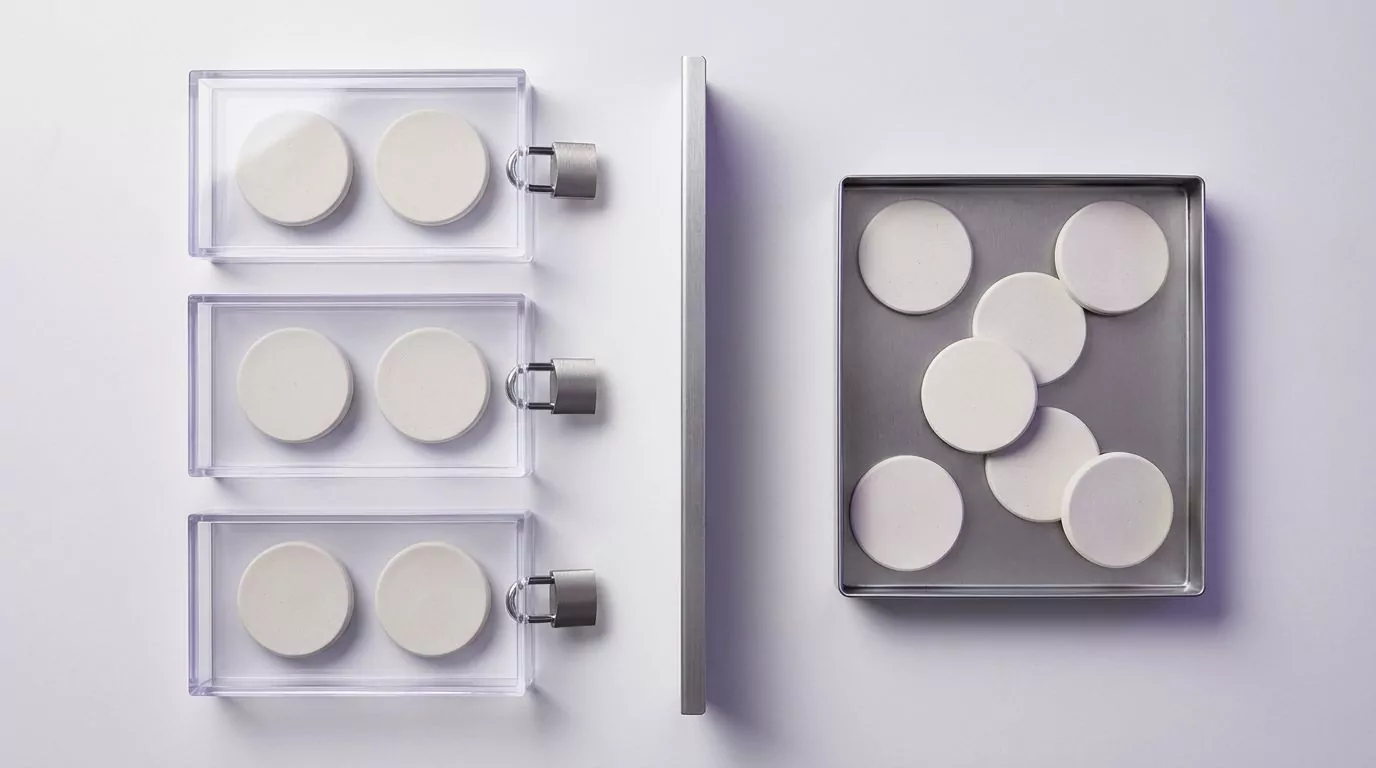 Locked boxes of paired discs beside an open tray, splitting protected libraries from files safe to remove