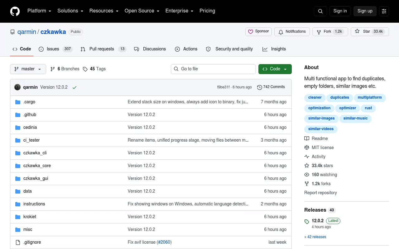 The Czkawka repository on GitHub, described as an app for finding duplicates, empty folders and similar images