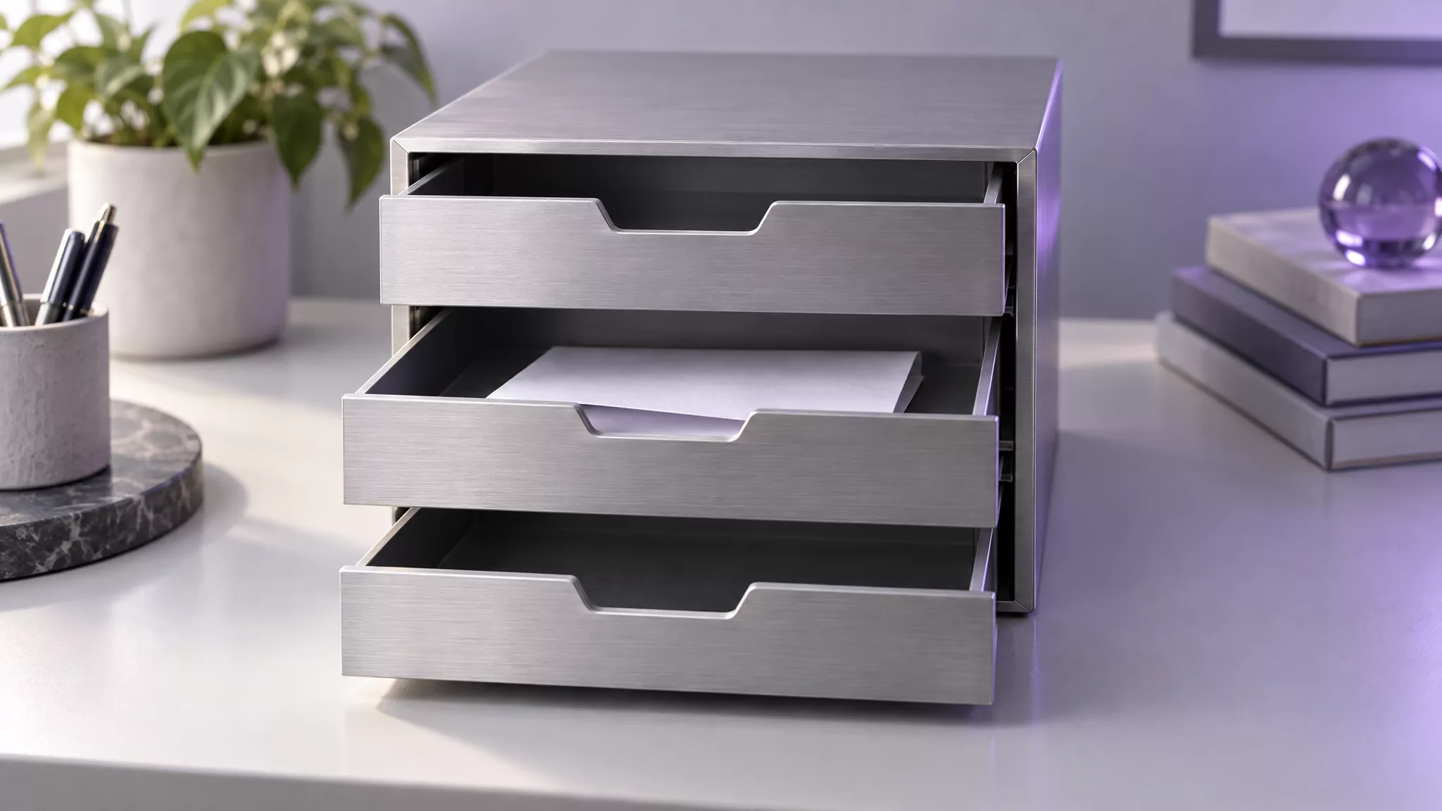 Open metal desk drawers with one folded sheet, standing for GlobalProtect leftover files in Library folders