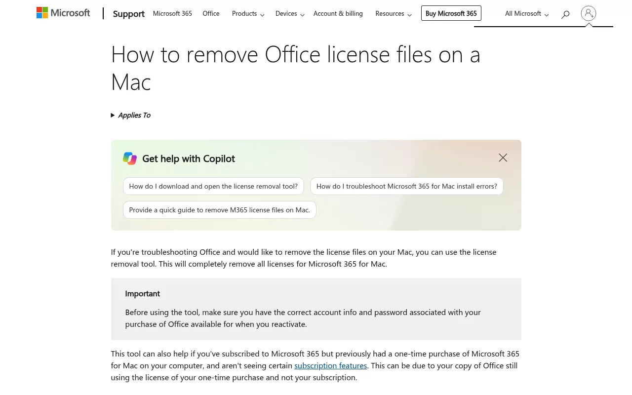Microsoft page on how to remove Office license files on a Mac with the licence removal tool