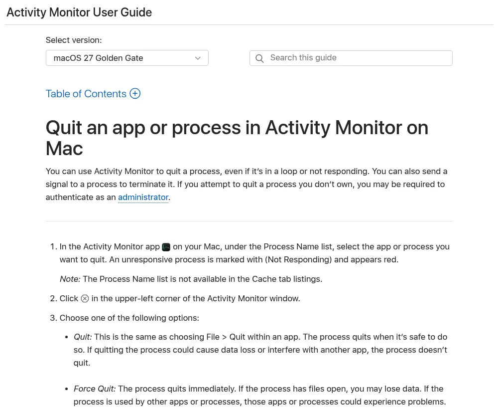 Apple Support page on quitting a process in Activity Monitor, used to stop a leftover codex process