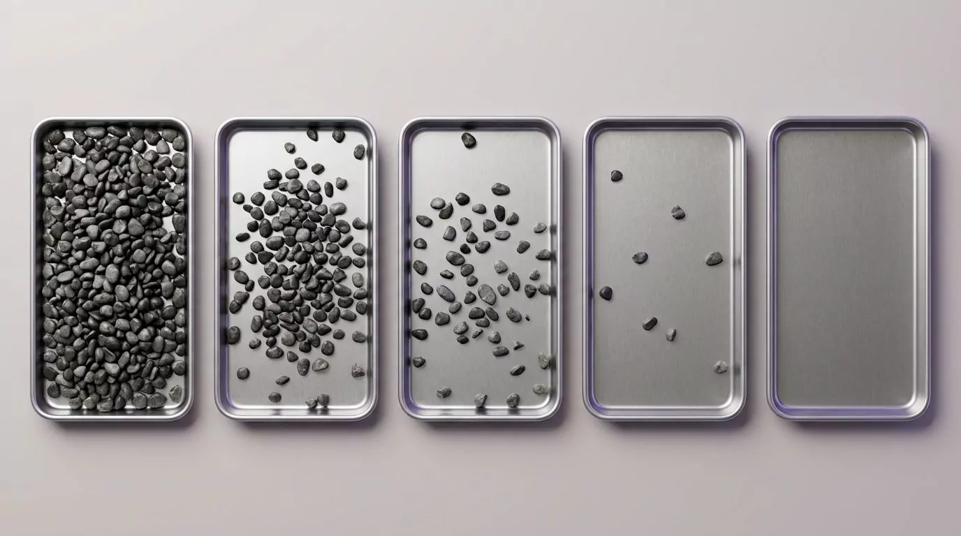 Five trays in a row going from full of pebbles to empty, showing staged manual Mac cleanup