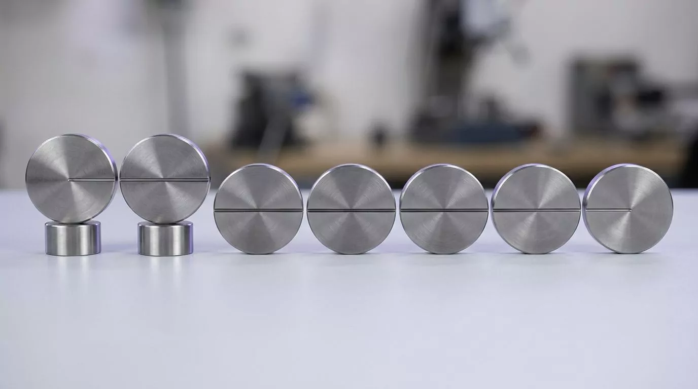 Seven steel discs in a row, the first two raised, showing the order of a manual Mac uninstall