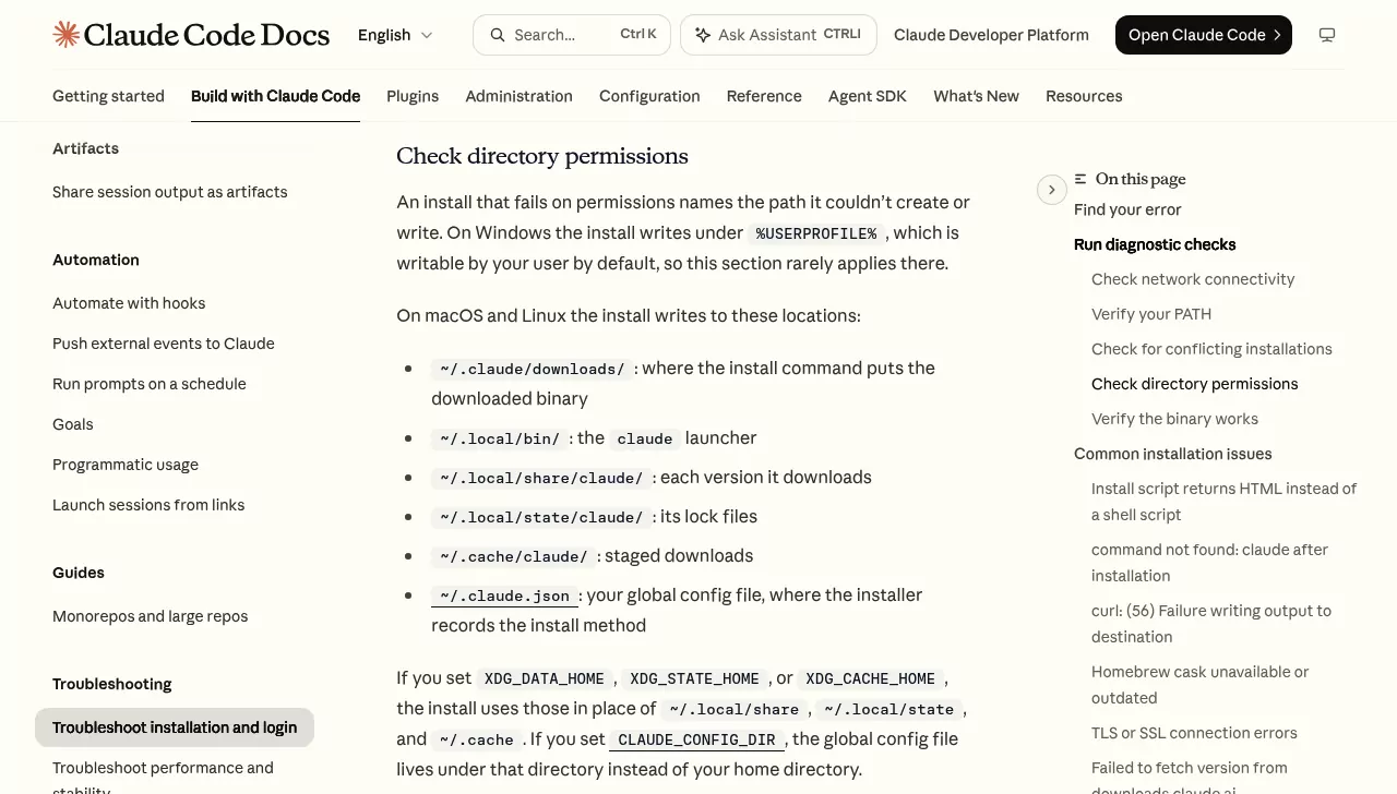 Anthropic docs listing the folders the Claude Code native installer writes to on a Mac