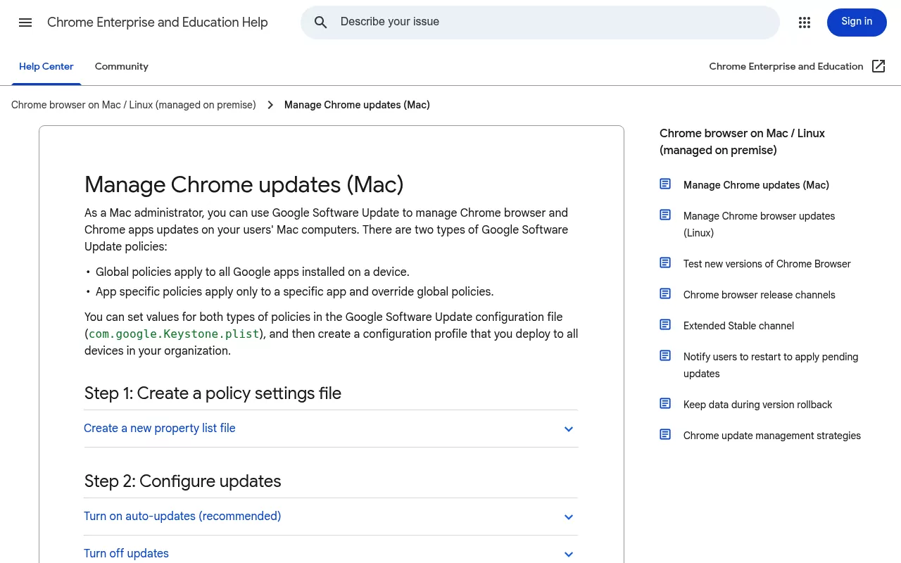 Google's Manage Chrome updates page for Mac, stating global updater policies apply to all Google apps