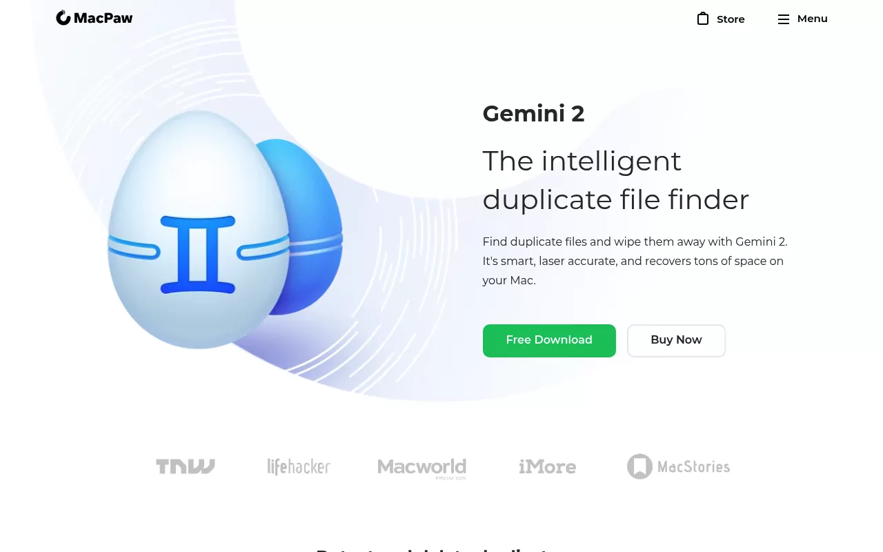 MacPaw product page for Gemini 2, billed as the intelligent duplicate file finder for Mac, with free download and buy options