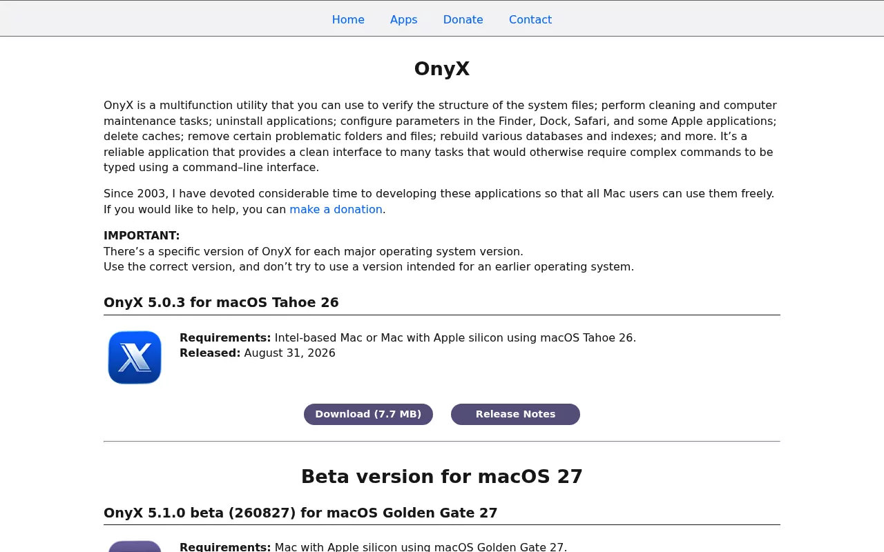 OnyX page from Titanium Software, showing the free download built for macOS Tahoe 26