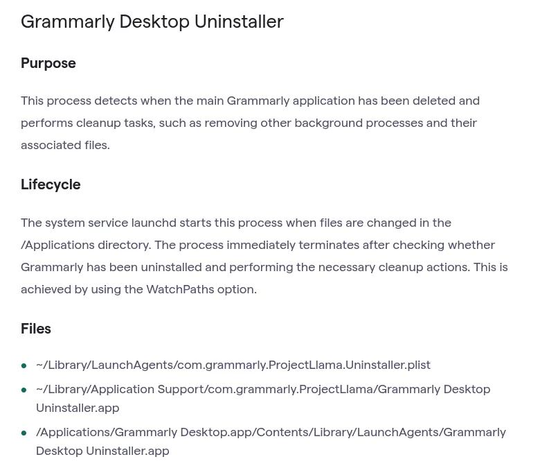Grammarly help page listing the Grammarly Desktop Uninstaller purpose, lifecycle and LaunchAgents file paths