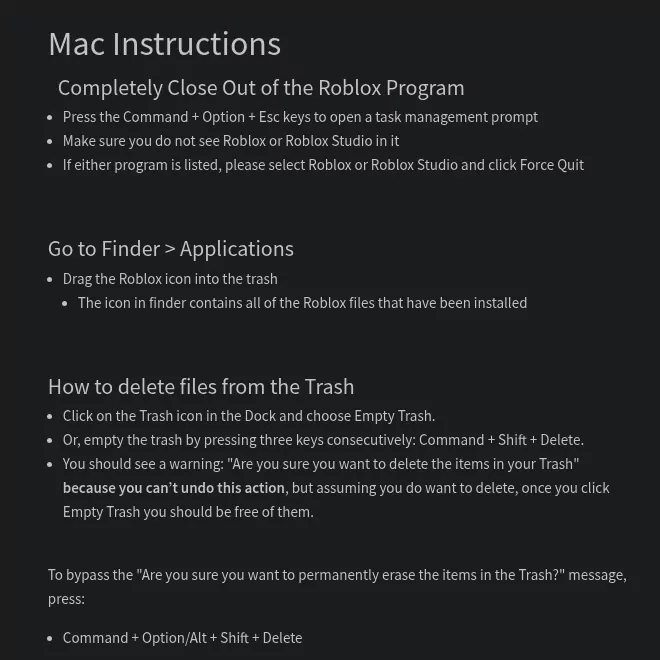 Roblox help article on how to uninstall Roblox on Mac: force quit, drag the icon to the Trash, empty it