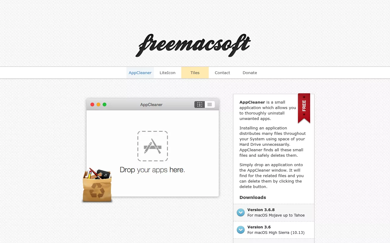 FreeMacSoft website showing the AppCleaner drop window, its free ribbon and the version 3.6.8 download for macOS Mojave up to Tahoe