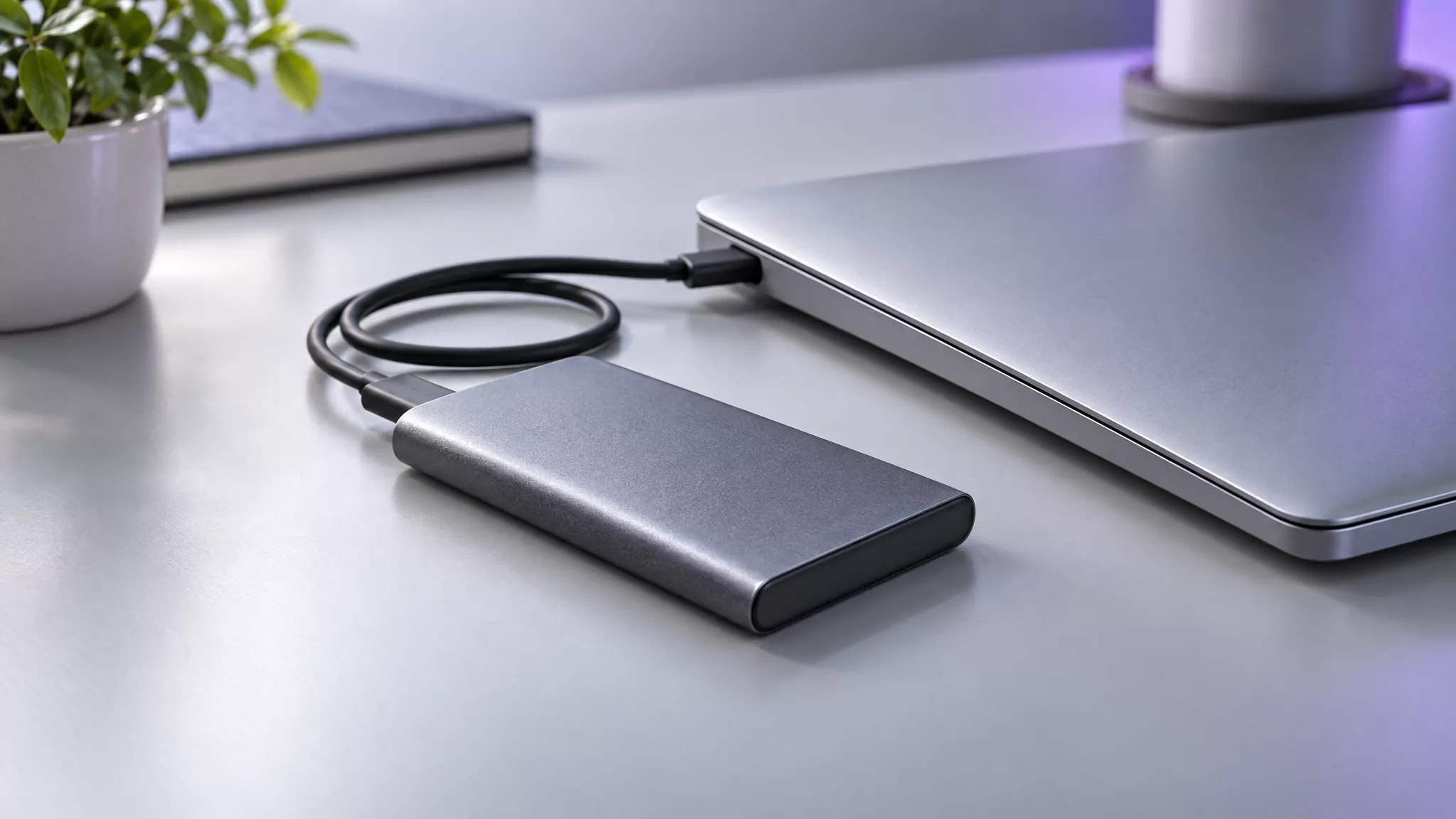 Portable drive plugged into a closed laptop, copying files before you remove Google Drive from Mac