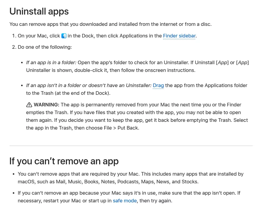 Apple Support steps showing how to uninstall ChatGPT on Mac and other apps by dragging them to the Trash