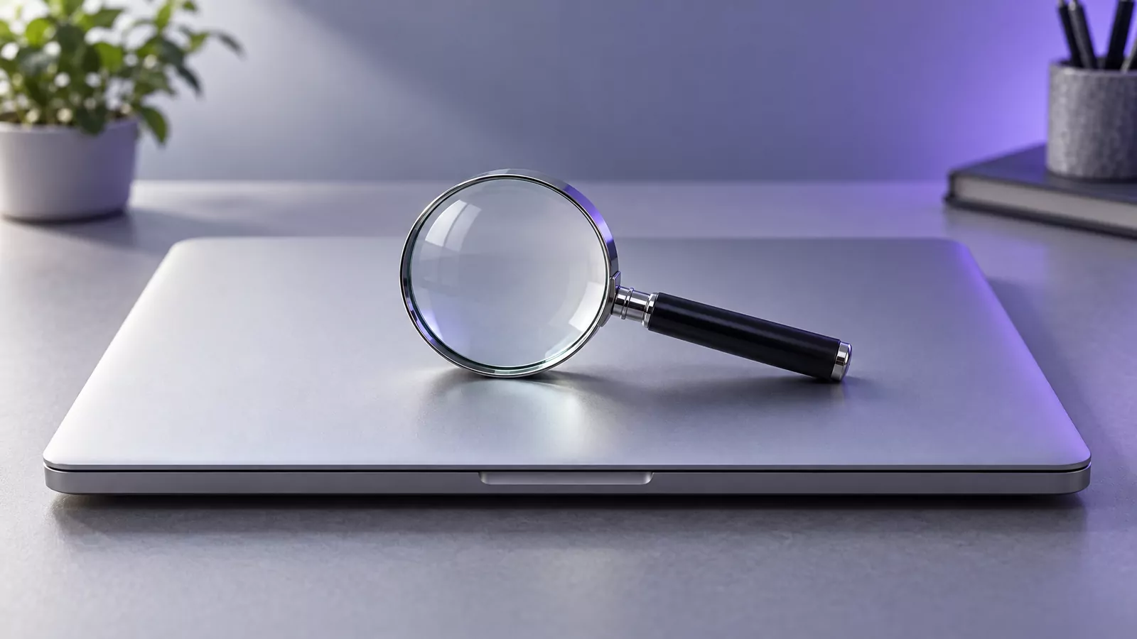 Magnifying glass on a closed laptop, standing for the final check that Malwarebytes is fully uninstalled from Mac