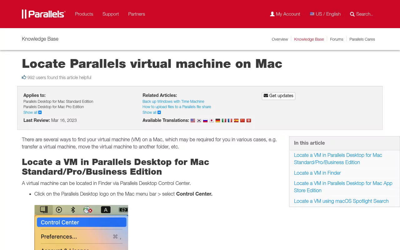 Parallels knowledge base page on finding a virtual machine through the Control Center menu on a Mac