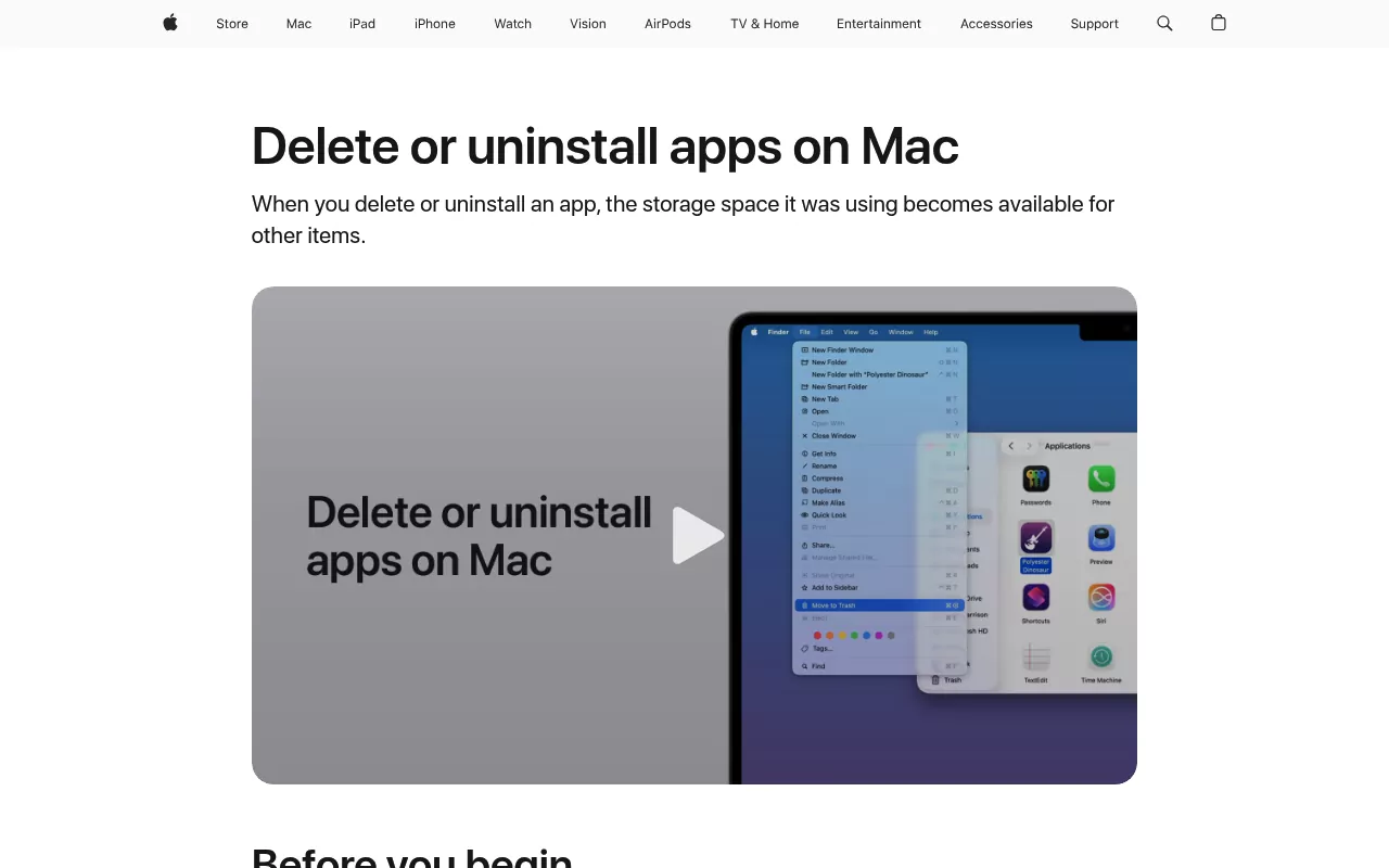 Apple Support page on deleting apps, showing the Finder Move to Trash step used to uninstall VS Code on Mac
