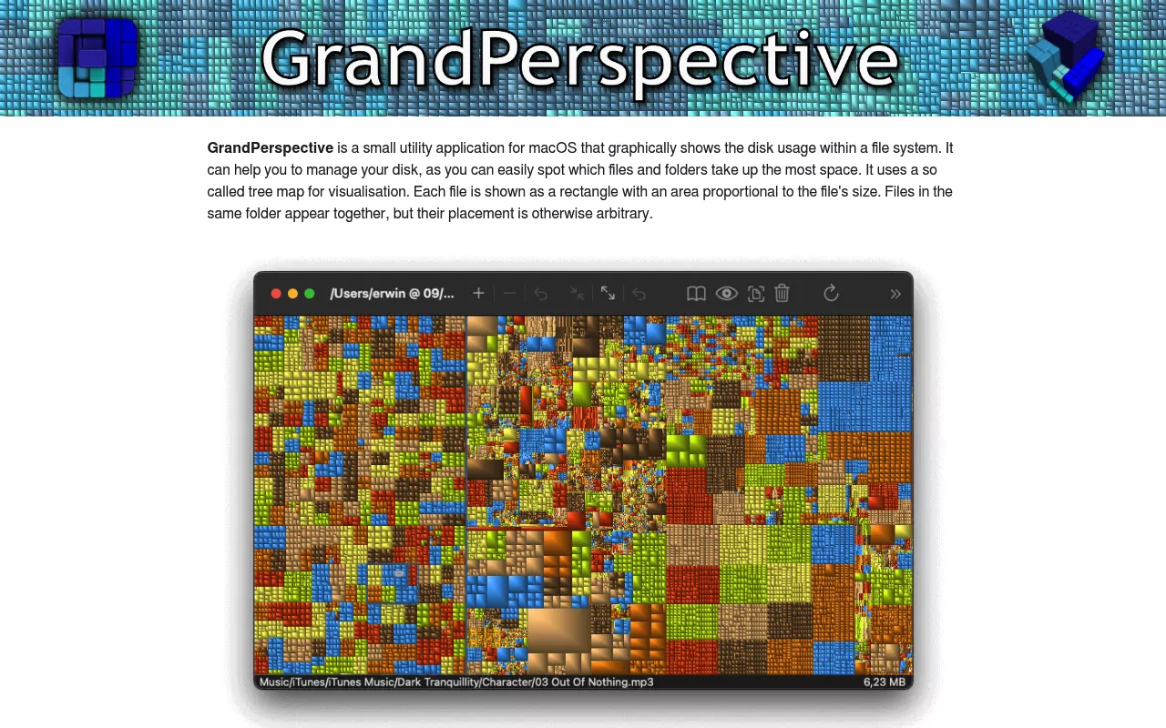 GrandPerspective homepage showing its macOS treemap of file rectangles sized by bytes