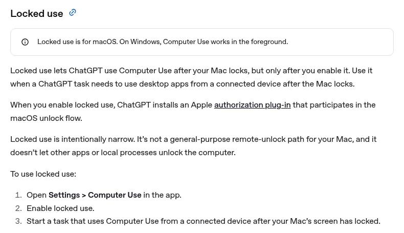 OpenAI Computer Use page explaining that Locked use installs an Apple authorization plug-in in the macOS unlock flow