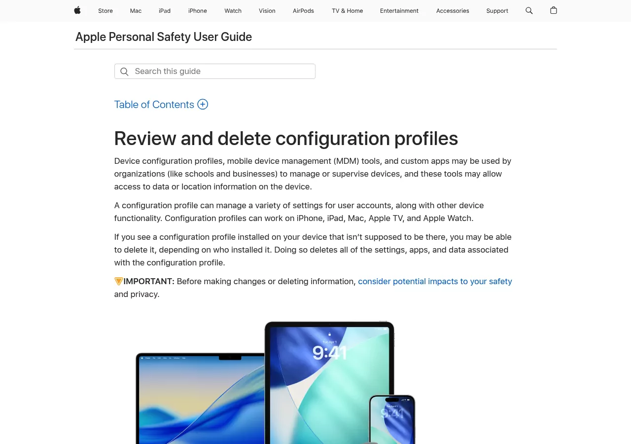 Apple Personal Safety User Guide page for reviewing and deleting configuration profiles on Mac