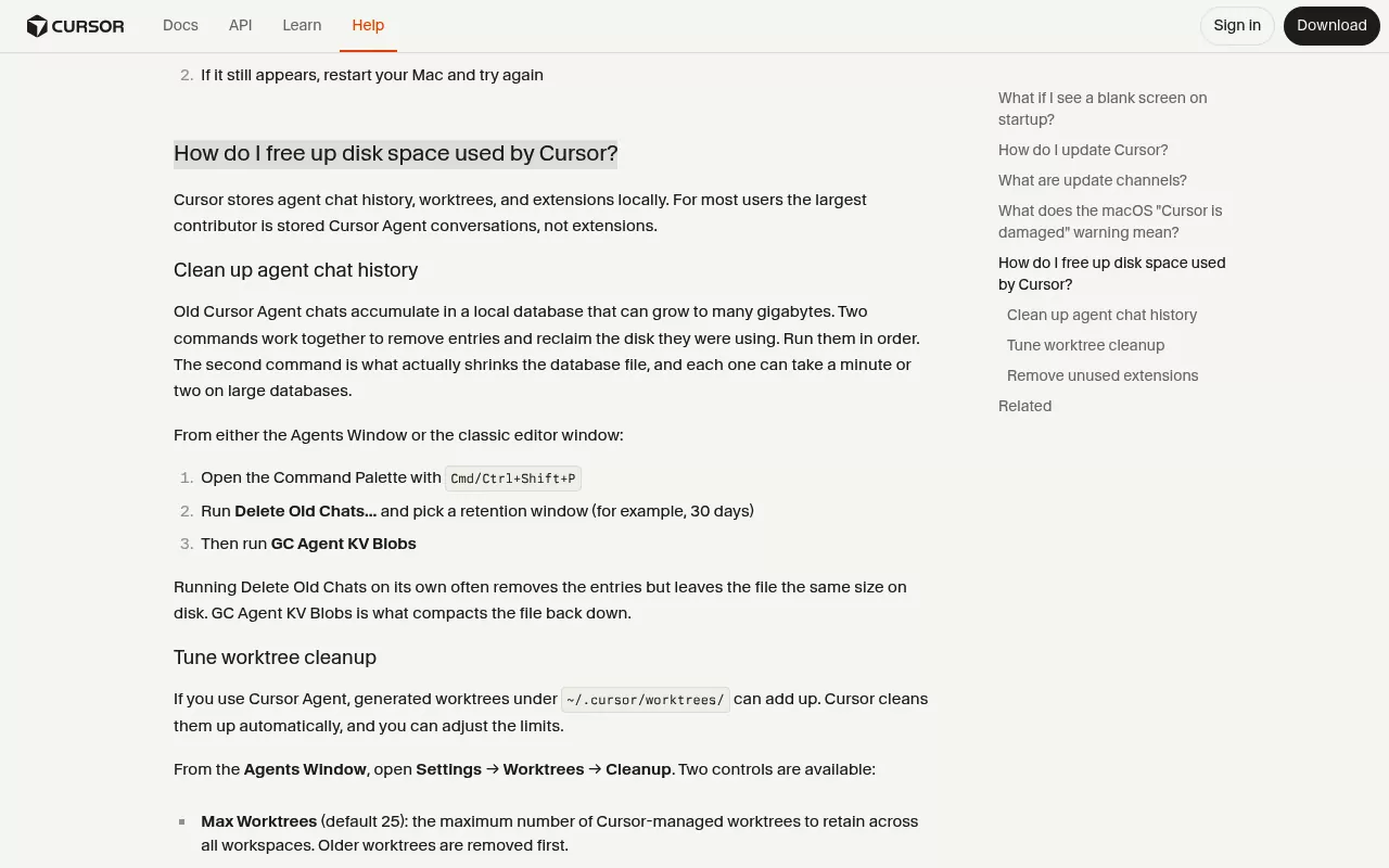 Cursor help page on freeing disk space, listing Delete Old Chats and then GC Agent KV Blobs