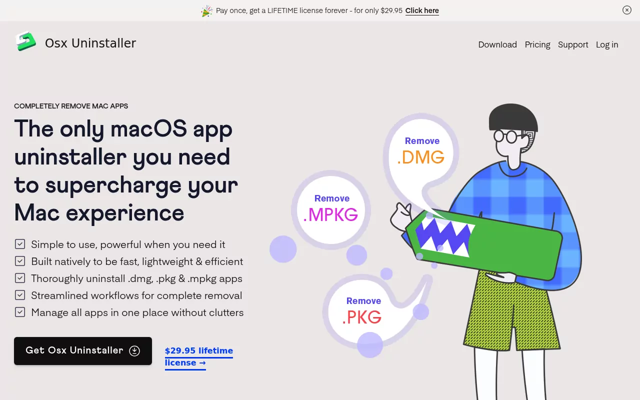 The Osx Uninstaller homepage promising to completely remove Mac apps, with a $29.95 lifetime licence link