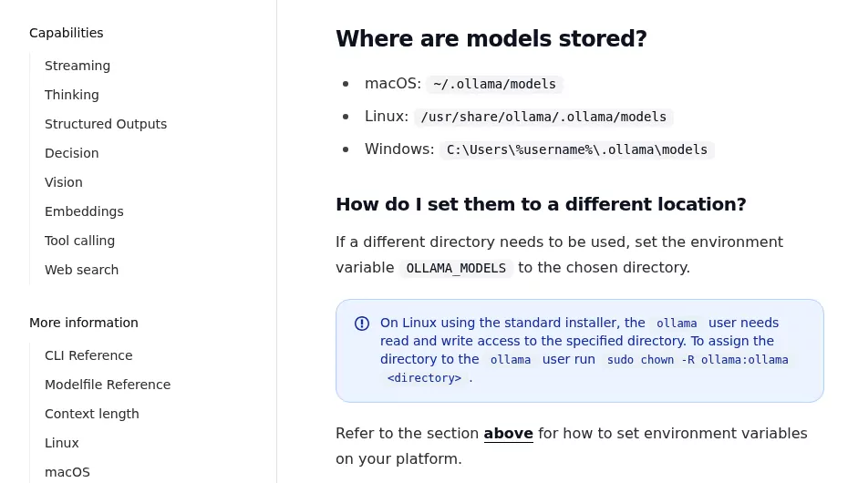 Ollama FAQ showing where Ollama models are stored on Mac and how to set a different location