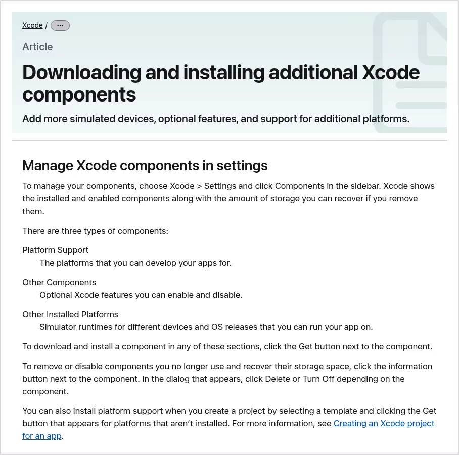 Apple's guide to the Xcode Components settings, where you delete simulator runtimes before you uninstall Xcode