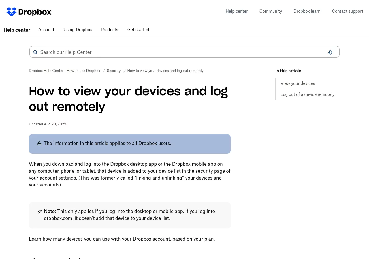 Dropbox help page on viewing devices and logging out remotely, used to remove Dropbox from a Mac