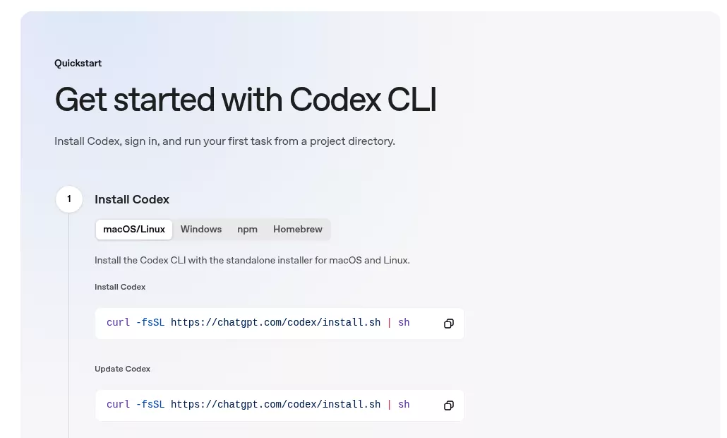 Codex CLI quickstart with the install script plus npm and Homebrew tabs, the routes to undo to uninstall Codex on Mac