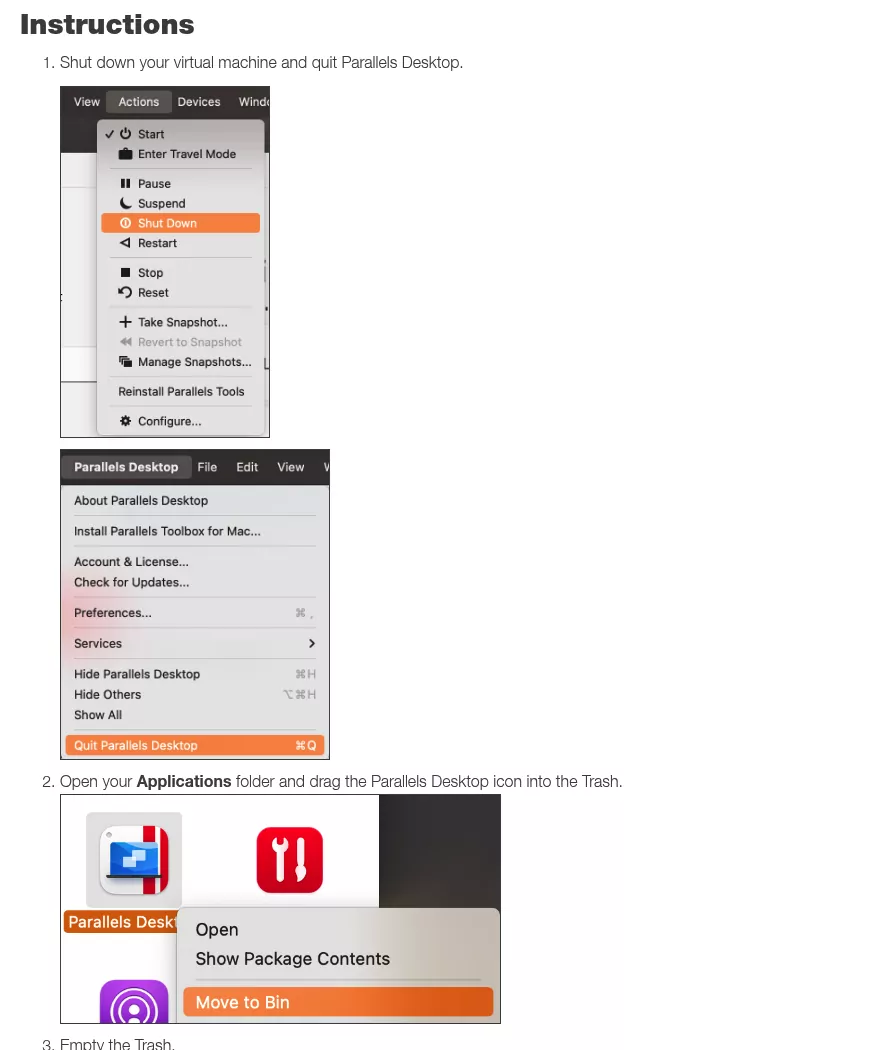How to uninstall Parallels Desktop on Mac: the vendor's steps to shut down, quit and move the app to the Trash