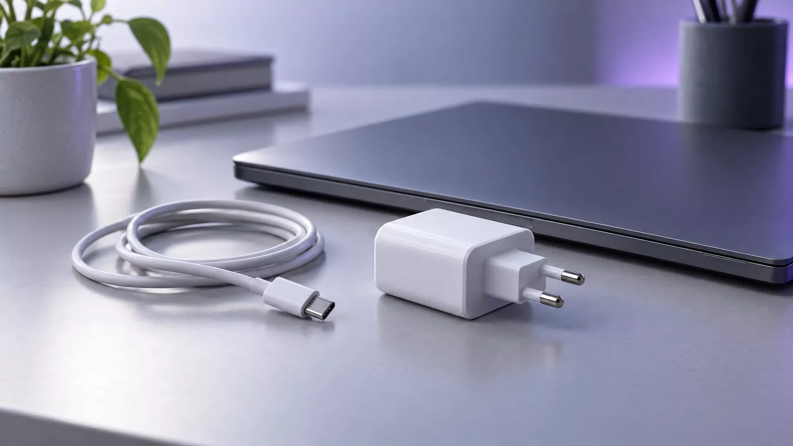 Unplugged power adapter and coiled cable beside a closed laptop, standing for the Acrobat updater being switched off