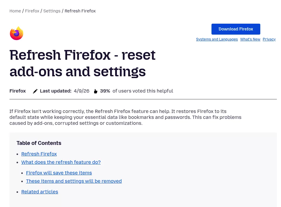 Mozilla support page for Refresh Firefox, the option to try before you uninstall Firefox on Mac
