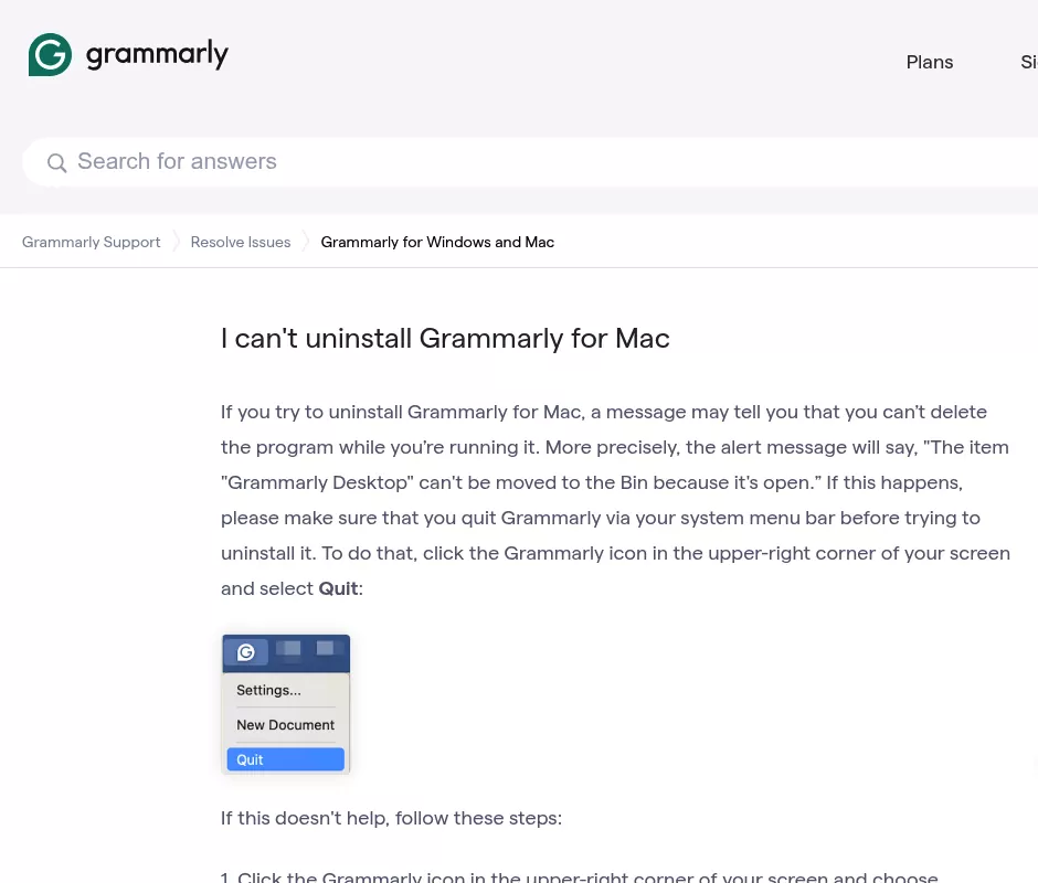 Grammarly support page on the Grammarly Desktop can't be moved to the Bin alert, with the menu bar Quit option
