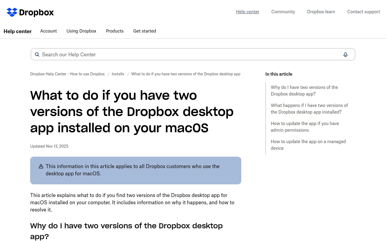 Dropbox article on two versions of the Dropbox desktop app installed on macOS