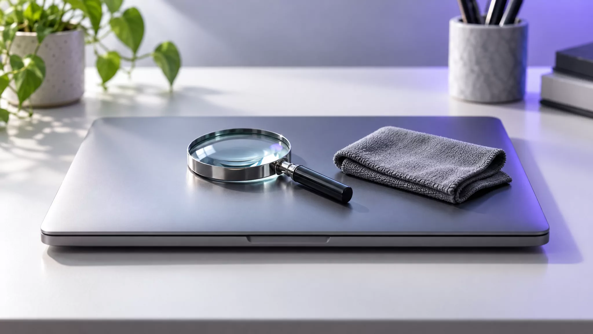 Magnifier and folded cloth on a closed laptop lid, standing for the final check after you uninstall GlobalProtect