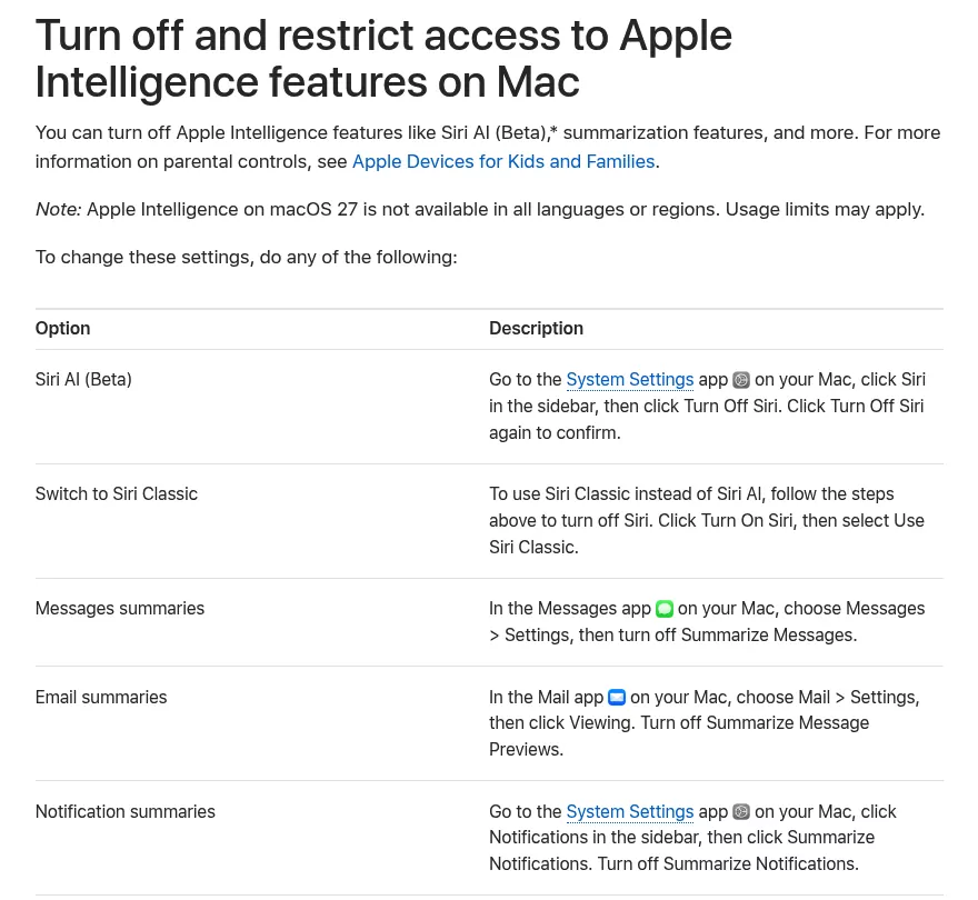 Apple's macOS 27 table of Siri AI and summary switches, the closest answer to how to delete Apple Intelligence on Mac